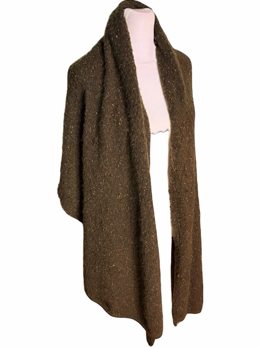 Anthropologie Textured Knit Shawl Scarf in Olive Brown with Pink & Cream Specks